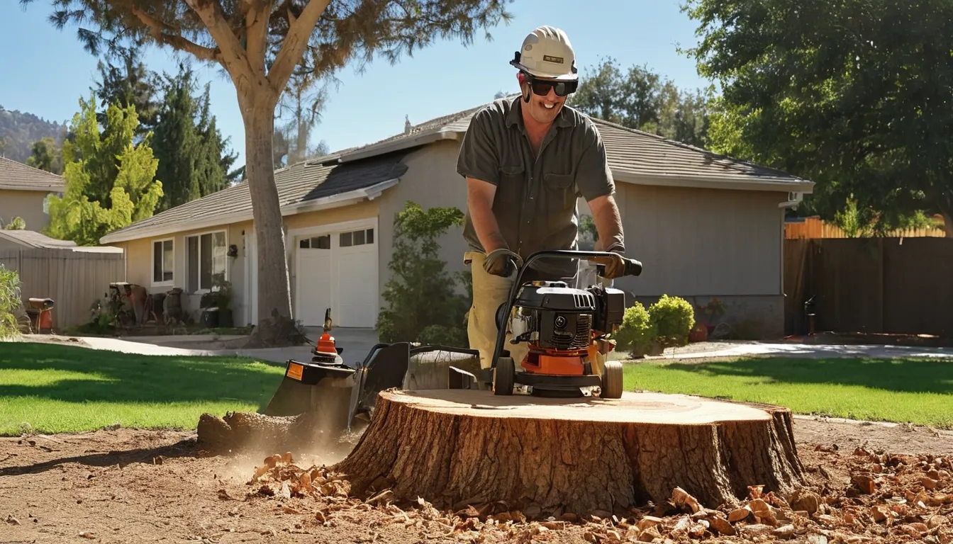 Local stump grinding provider working in a backyard in Desert Hot Springs with wood chips flying from a stump grinder