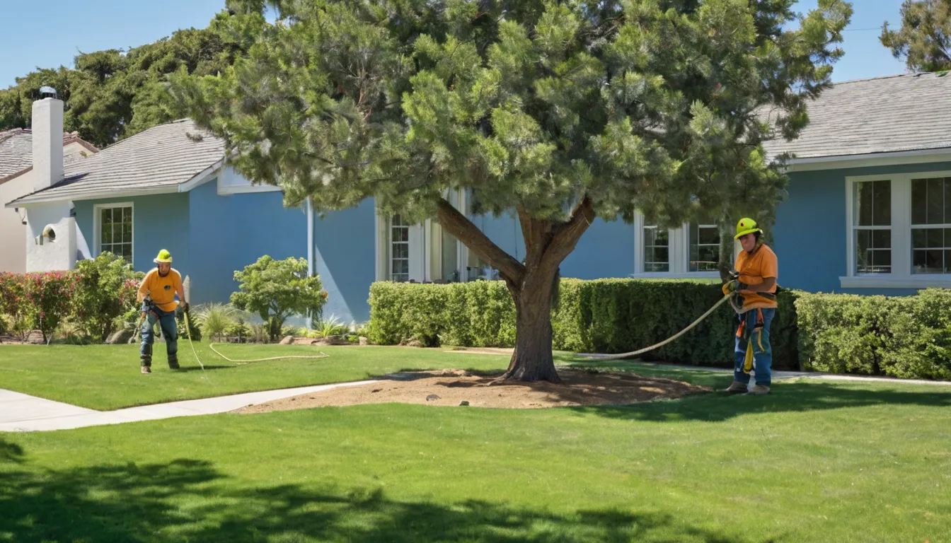 Provider crew safely lowering a large tree section in a Desert Hot Springs backyard near a stucco ranch home